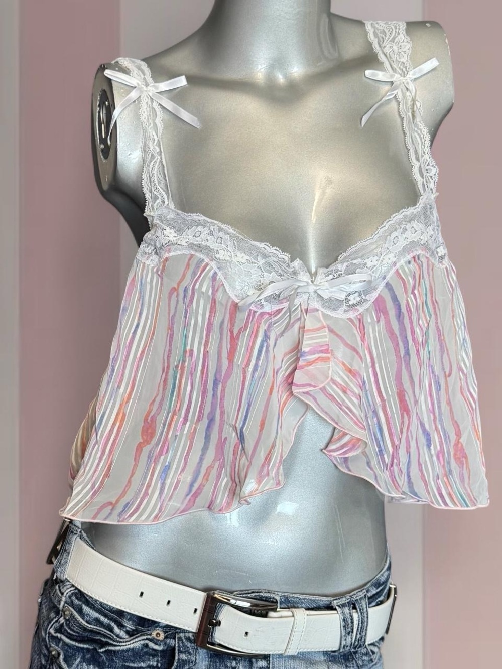 Cherie Vintage Sheer Bow/Stripe Baby Doll Top